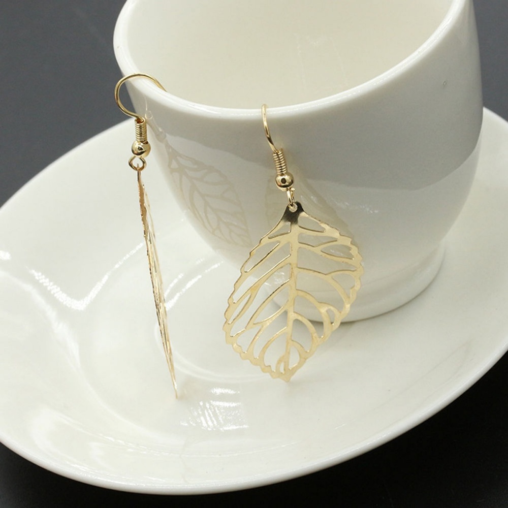 Gold Hollow Out Leaf Dangle Earrings - Picture 2 of 5